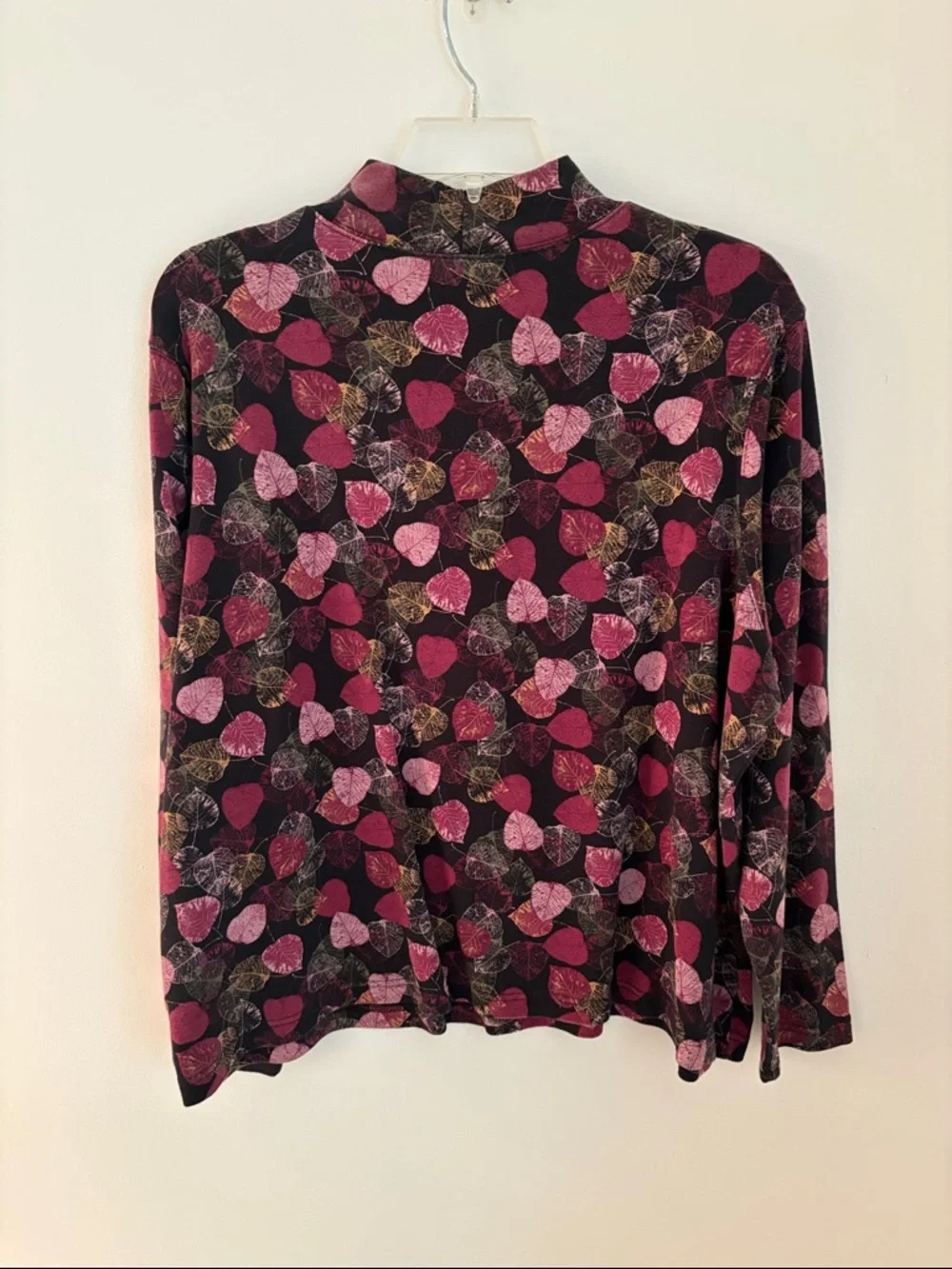 croft & barrow Black Long Sleeve Mock Neck Top with Pink and Maroon Leaf Print - Picture 2 of 3